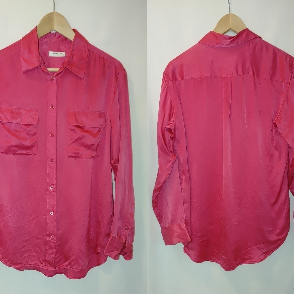 Equipment‎ Femme Satin Long Sleeve Pocket Blouse Button Front Pink S Small